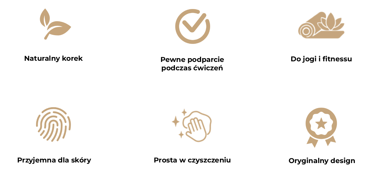 Obraz przedstawia sześć ikon opisujących zalety antypoślizgowej maty do jogi Soul Mandala.