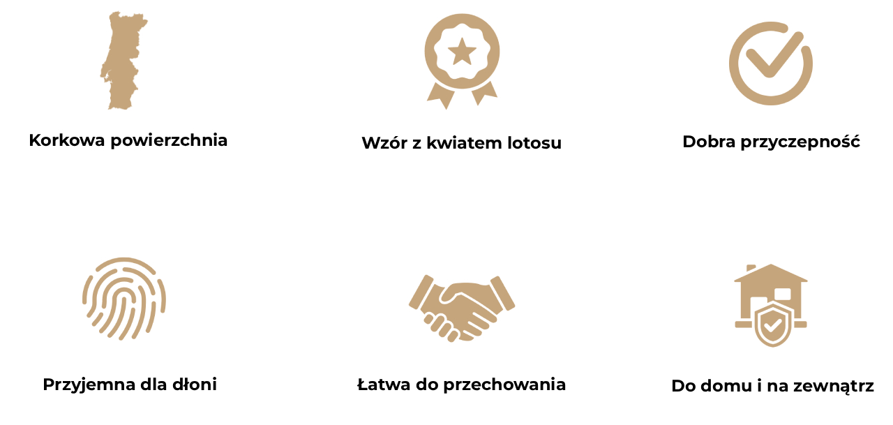 Obraz przedstawia sześć ikon opisujących zalety korkowej maty Serenity Lotus.