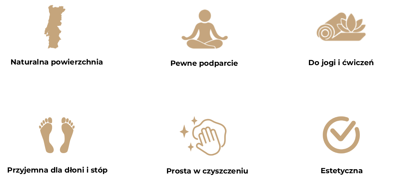 Obraz przedstawia sześć ikon opisujących zalety korkowej maty Total Balance.