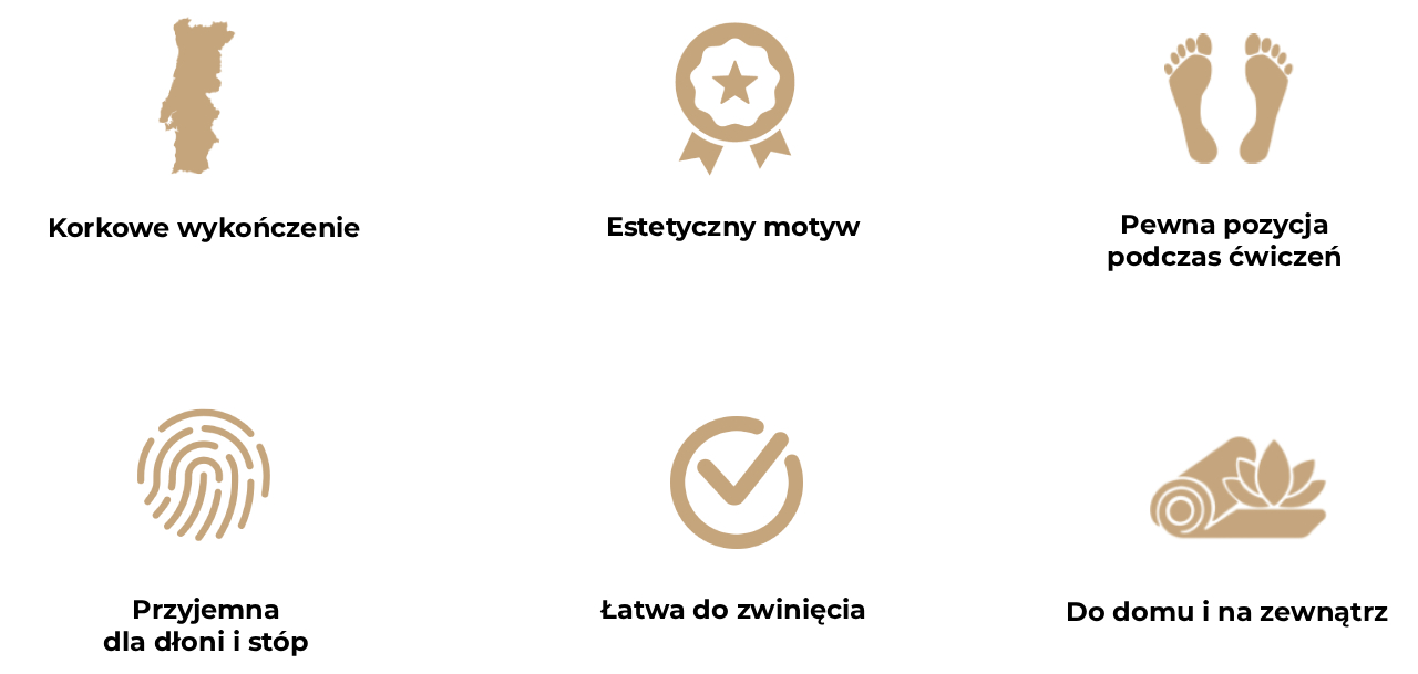 Obraz przedstawia sześć ikon opisujących zalety maty do jogi Harmony Circle.