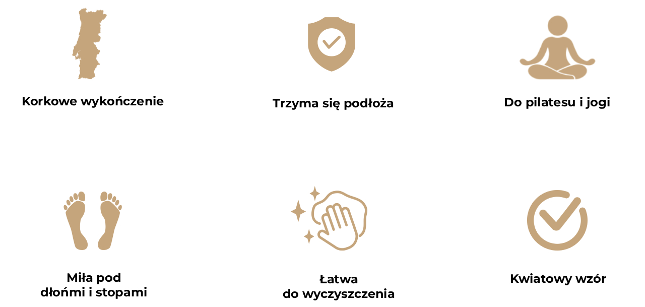 Obraz przedstawia sześć ikon opisujących zalety mata do jogi Orchid Flow.