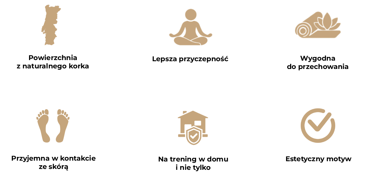 Obraz przedstawia sześć ikon opisujących zalety maty do jogi Sacred Aum.