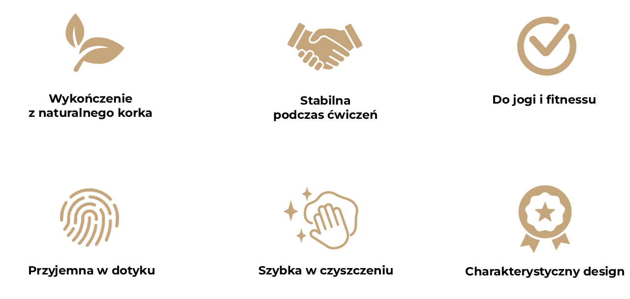 Obraz przedstawia sześć ikon opisujących zalety maty korkowej Lotus Axis.