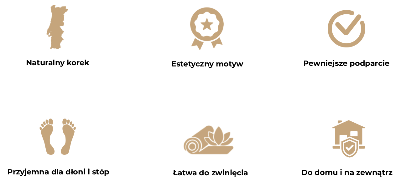Obraz przedstawia sześć ikon opisujących zalety maty korkowej Soul Tree.