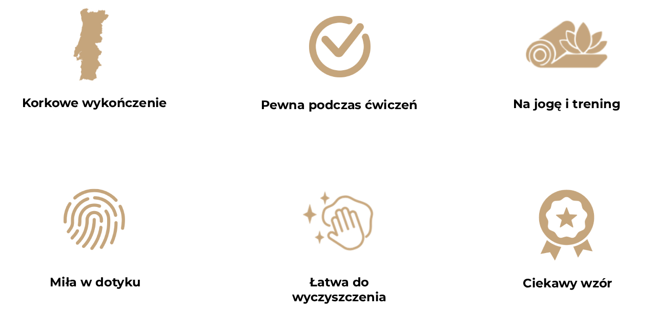 Obraz przedstawia sześć ikon opisujących zalety maty korkowej Yoga Sign.