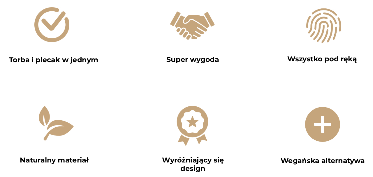 Obraz przedstawia sześć ikon opisujących zalety plecaka korkowego.